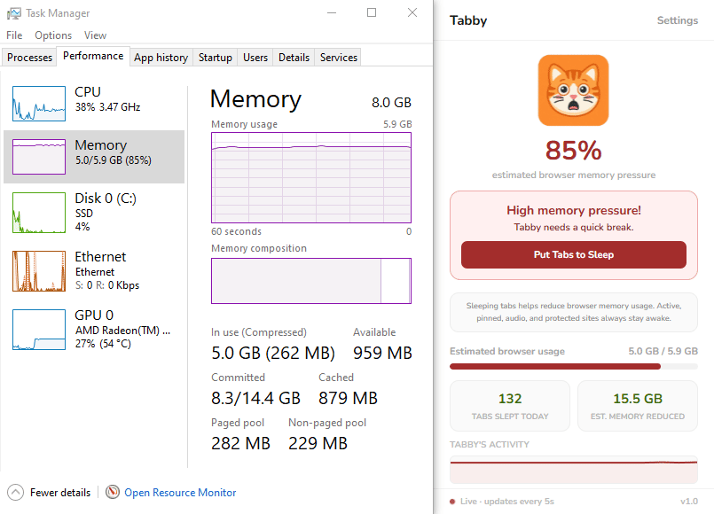 Tabby automatically saving 5.6GB of RAM in real time